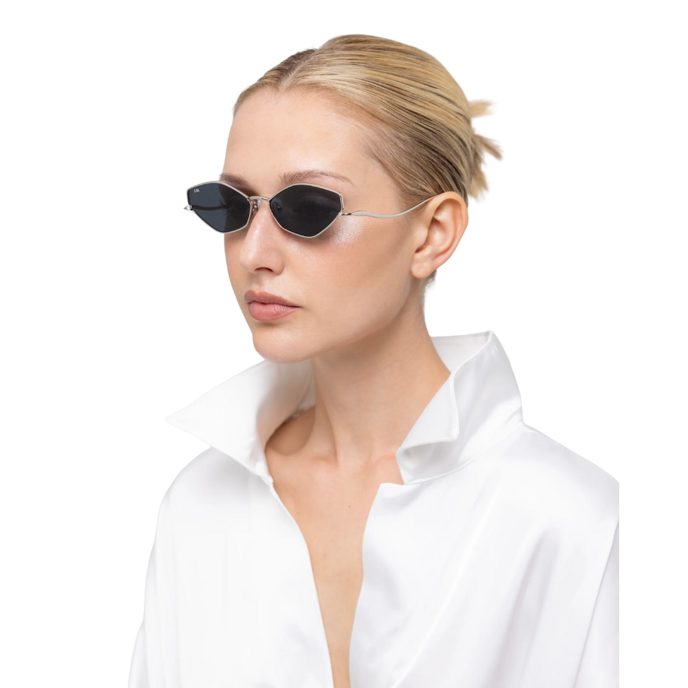 FOR ART'S SAKE MOMENT SILVER designer sunglasses - angled view highlighting minimalist geometric silhouette and silver finish
