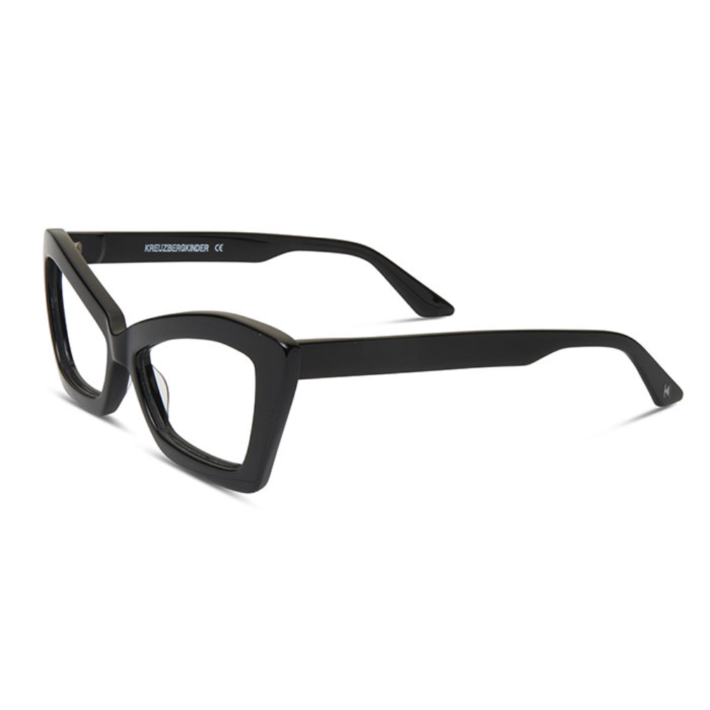 KREUZBERGKINDER Moody prescription glasses - side view showing black acetate cat-eye design
