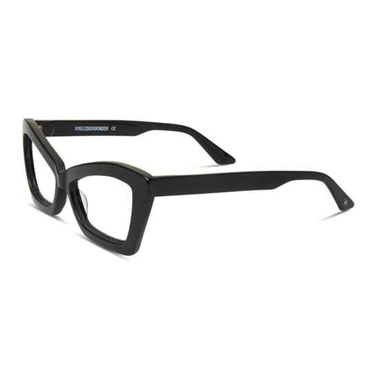 KREUZBERGKINDER Moody prescription glasses - side view showing black acetate cat-eye design