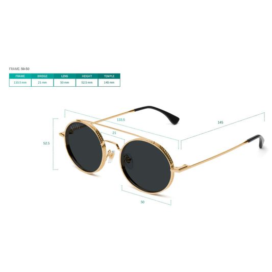 9FIVE 50-50 Gold Round Sunglasses - side view showing gold temple with 9FIVE monogram logo