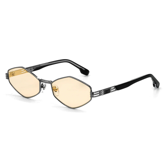9FIVE Iris Rhombus side view – raised enamel emblem on gun metal temple, glossy black tips