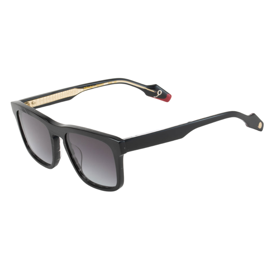 Woodys x Queen Rock C01 sunglasses – three-quarter view showing guitar-engraved metal core and laminated end-pieces