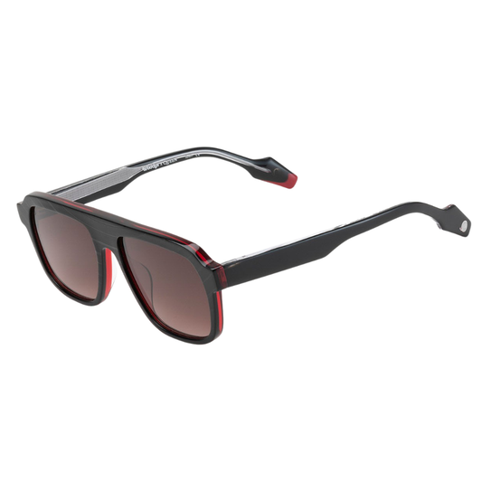 Woodys x Queen Bohemian C01 sunglasses – three-quarter view showing guitar-engraved metal core and laminated end-pieces
