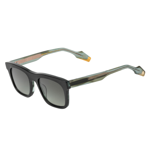 Woodys x Queen Show C02 sunglasses – three-quarter view showing guitar-engraved metal core and laminated end-pieces