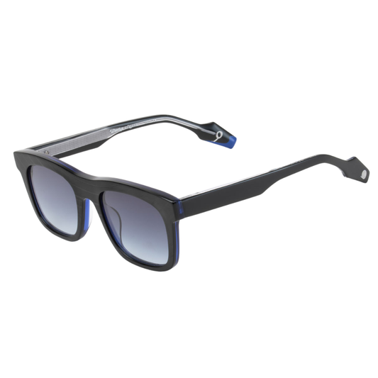 Woodys x Queen Show 01 sunglasses – three-quarter view showing guitar-engraved metal core and laminated end-pieces
