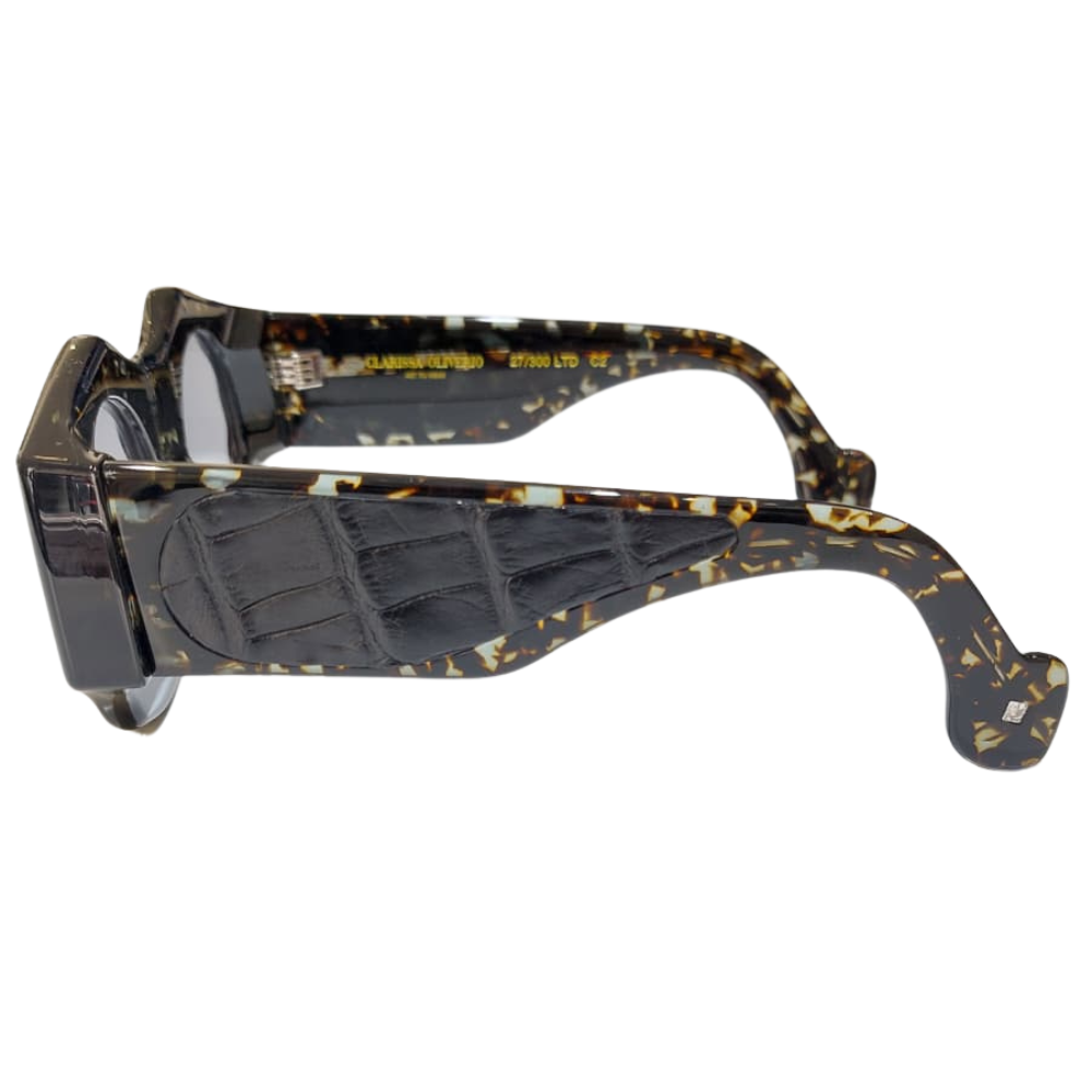 CLARISSA OLIVERIO SPIKE LEE – Premium Italian acetate frames front view, crocodile leather side panels, limited edition luxury eyewear