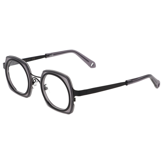 GOOD'S Taschino C C1 — Limited edition dual-geometry optical frame in matte black bio-acetate and black stainless steel, three-quarter side view showing the tie-shaped temple with thimble detail and grey acetate tip, handmade in Italy