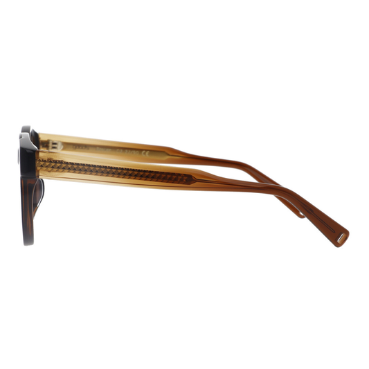 GOOD'S Breuer C2 Havana Special — Side view of the oar-shaped temple in amber gradient bio-acetate with hand-inserted 3D metal core and perforated GOOD'S logo terminal, handmade in Italy