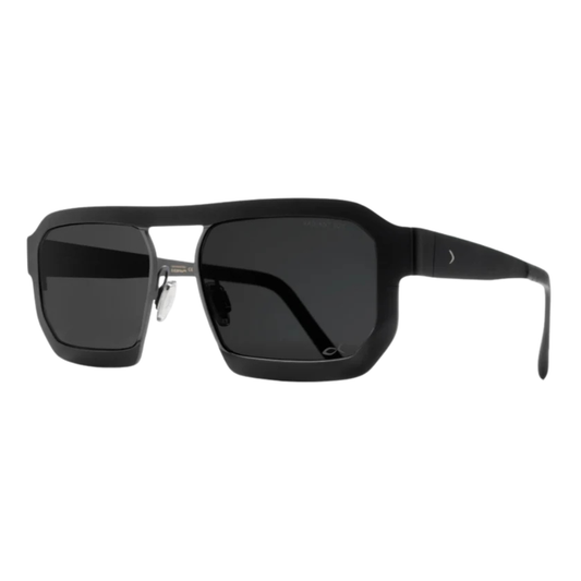 Blackfin Tao BF924 titanium sunglasses in Black and Gunmetal Gray, diagonal front view