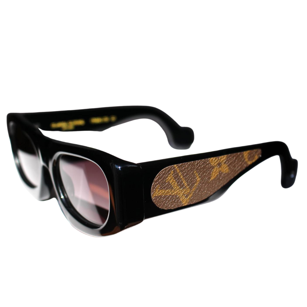 Side view of Clarissa Oliverio Ray Charles glasses featuring LV leather detail – luxury custom design eyewear