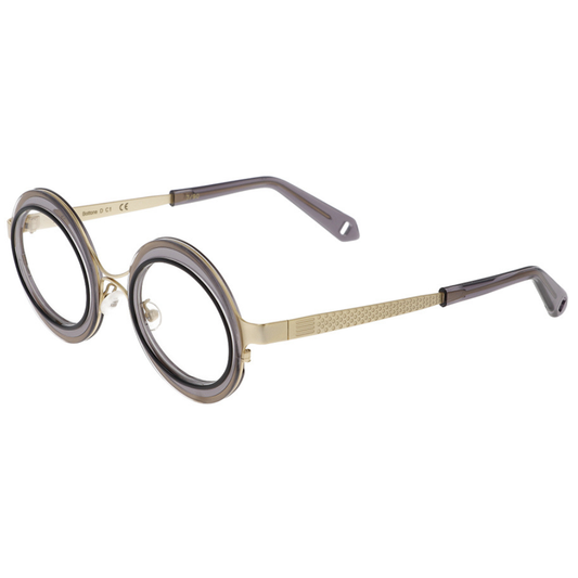 GOOD'S Bottone D C1 — Limited edition dual-geometry optical frame in taupe and grey bio-acetate with gold stainless steel, three-quarter side view showing the tie-shaped temple with thimble detail and grey acetate tip, handmade in Italy