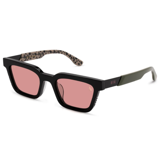 9FIVE x Arts-Rec EM4 side view – animal print acetate inner temple with 9FIVE and Arts-Rec dual logo on outer temples

