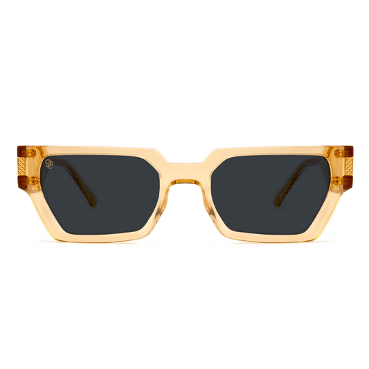 9FIVE Locks Gold Scale limited edition sunglasses – front view, polished transparent gold acetate frame with gold-plated stainless steel accents
