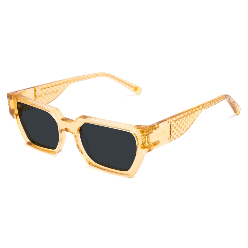 9FIVE Locks Gold Scale side view – transparent gold scale-etched acetate temple with gold 9FIVE signature logo

