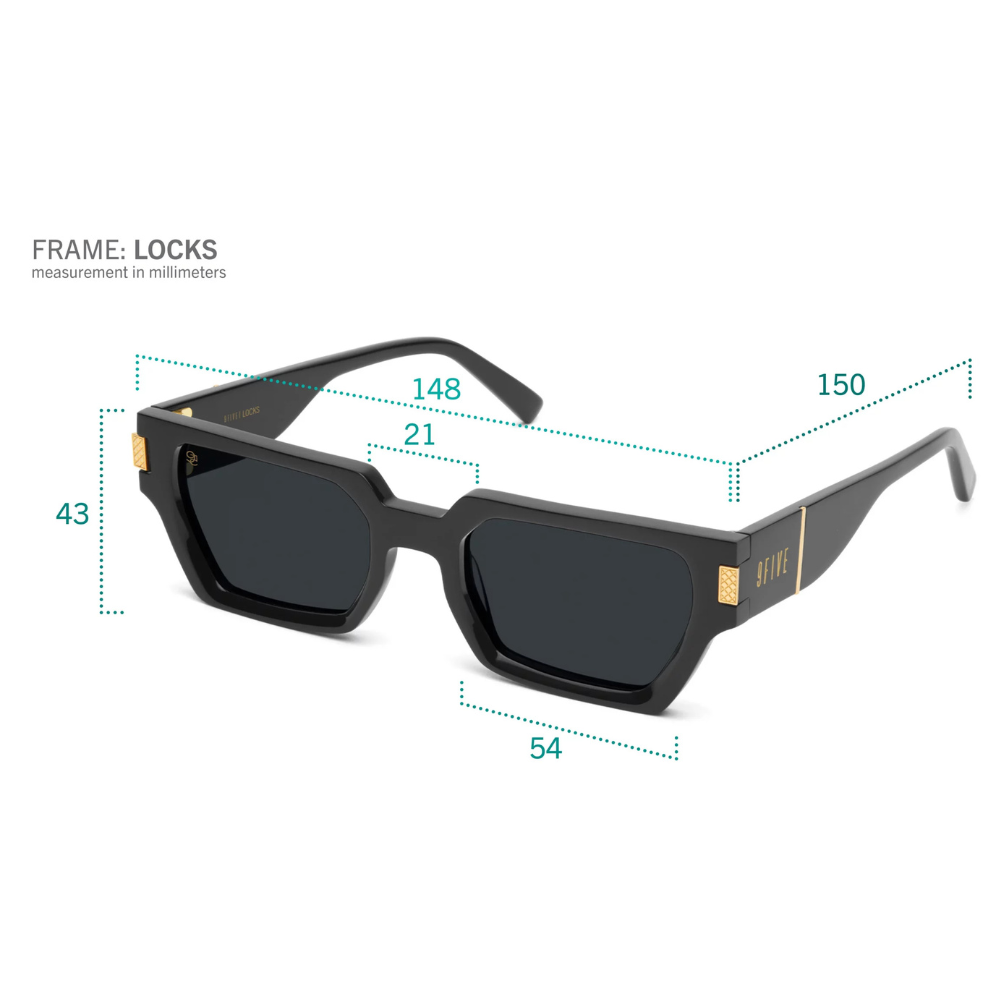 9FIVE Locks Gold Scale side view – transparent gold scale-etched acetate temple with gold 9FIVE signature logo
