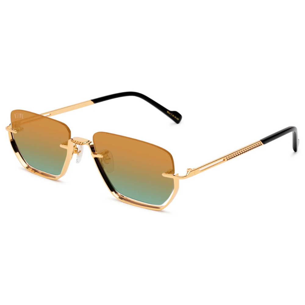 9FIVE Villa side view – triple-polished Italian jet black acetate temple with gold 95 coin logo on temple tip
