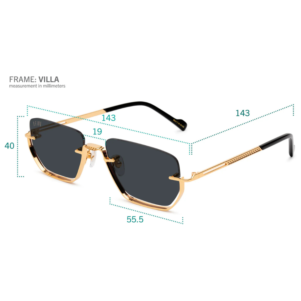 9FIVE Villa side view – triple-polished Italian jet black acetate temple with gold 95 coin logo on temple tip

