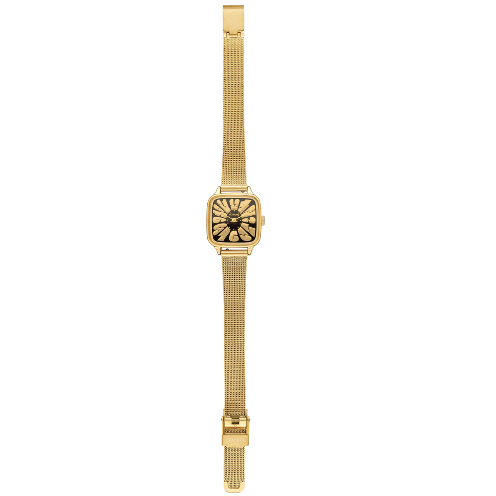KOMONO KATE FLOWER ROYALE GOLD BLACK watch side view gold case high mineral glass designer craftsmanship
