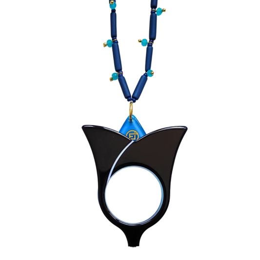 Navy blue and electric blue Tulipán Azur reading glasses with glass bead necklace - Flippan'Look handcrafted acetate eyewear
