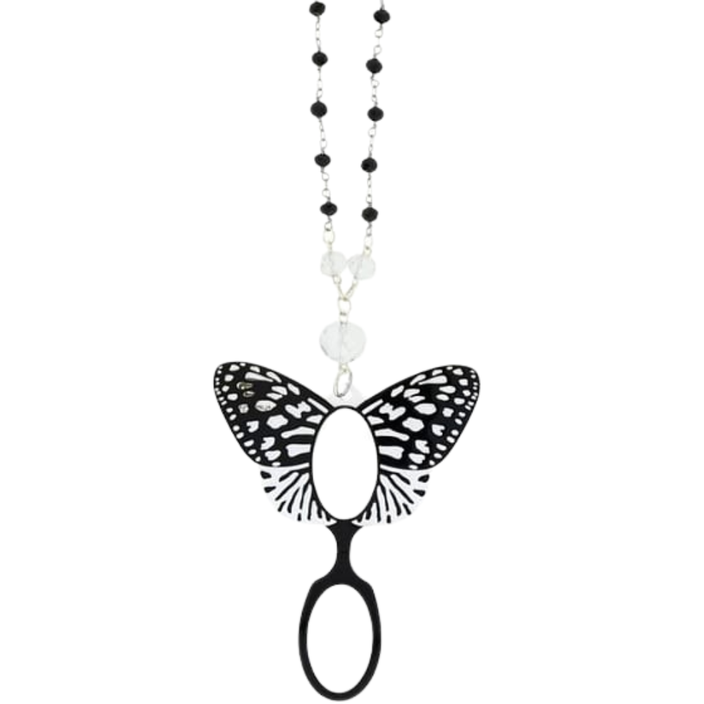 Black butterfly magnifying necklace glasses with carved acetate wings - Flippan'Look handcrafted three-layer eyewear with silver and glass bead chain
