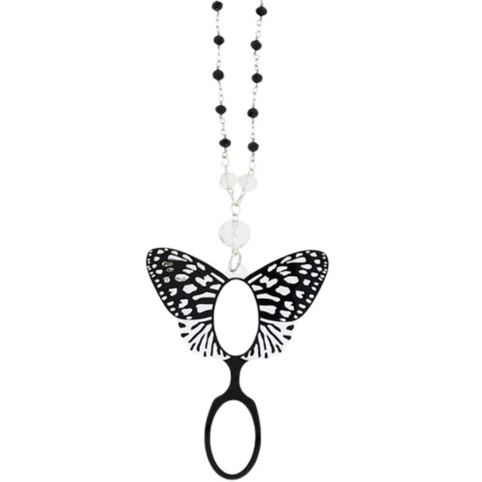 Black butterfly magnifying necklace glasses with carved acetate wings - Flippan'Look handcrafted three-layer eyewear with silver and glass bead chain
