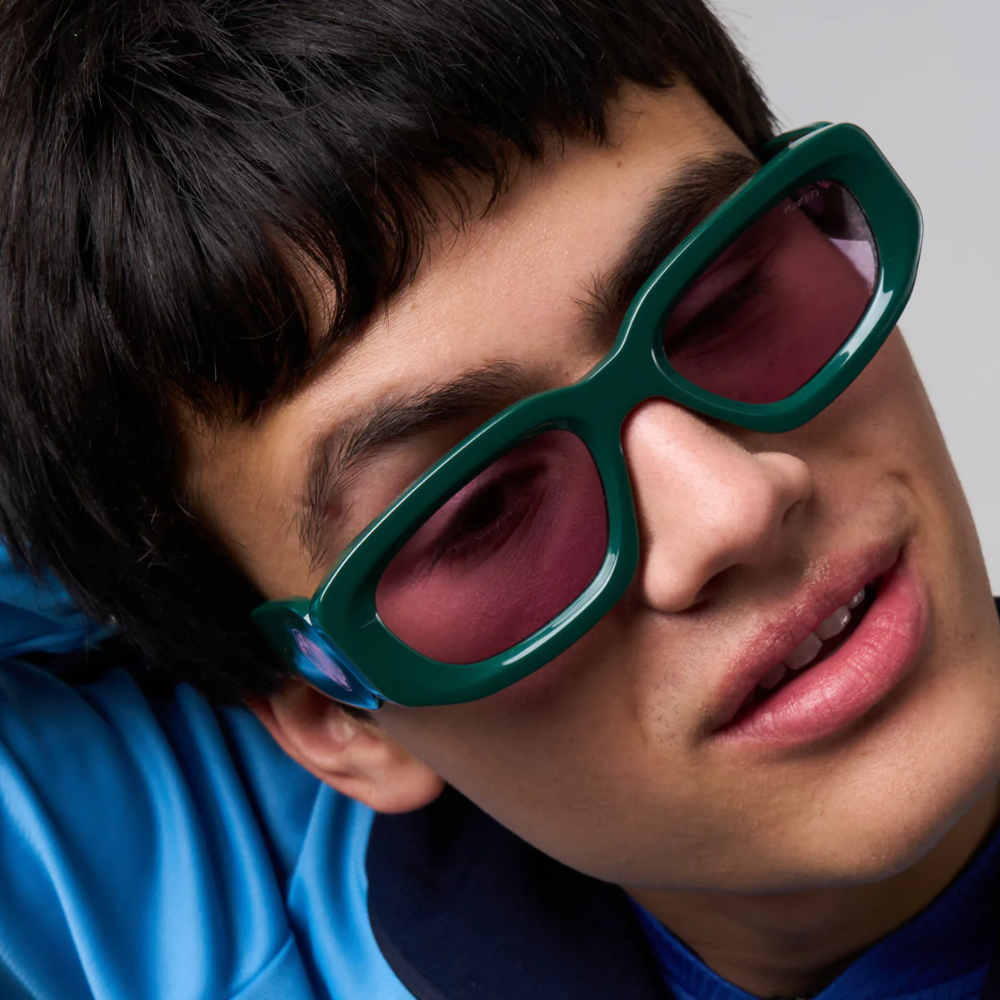 Komono Rex Green Splash designer sunglasses - detail view showcasing vibrant green splash pattern and quality craftsmanship
