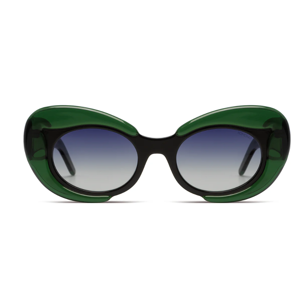 Komono x Jill Jiayue She Willow Black sunglasses - front view showing surrealist-inspired frame design with gradient blue lenses
