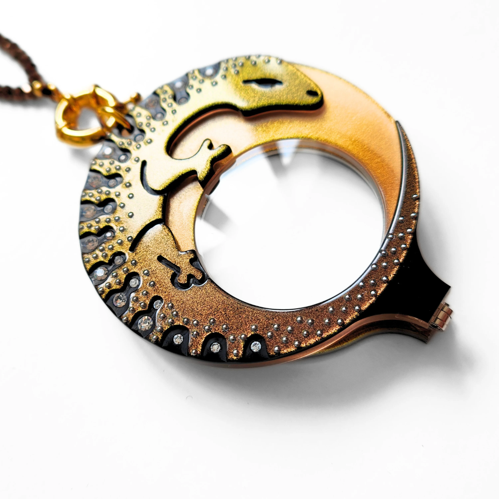 FLIPPAN'LOOK Pink Green Iridescent Eyeglasses - Andalusian Lagarto Carved Circular Frame Detail
