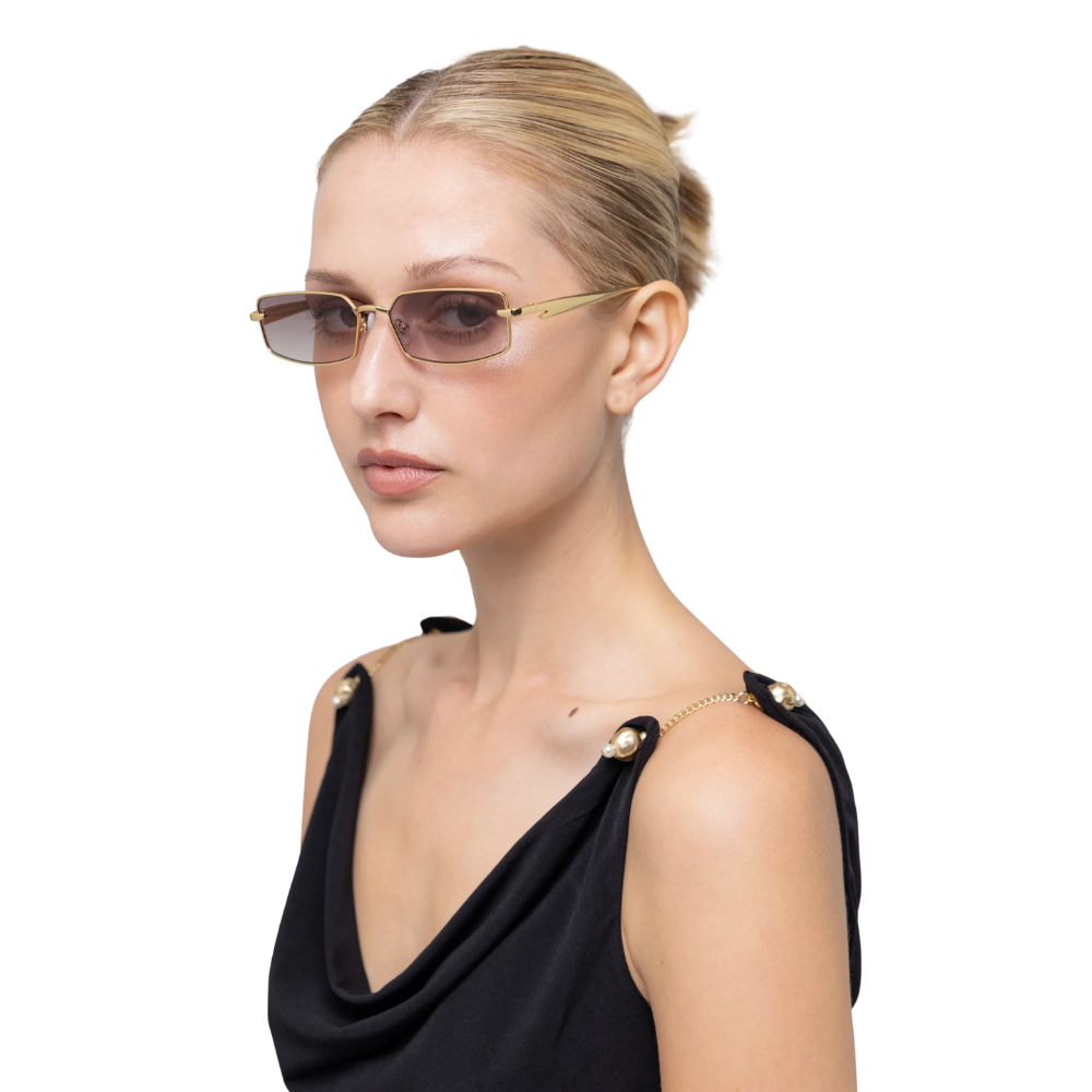 FOR ART'S SAKE LUCIO GOLD designer sunglasses - angled view highlighting minimalist rectangular frame and sculptural slash element
