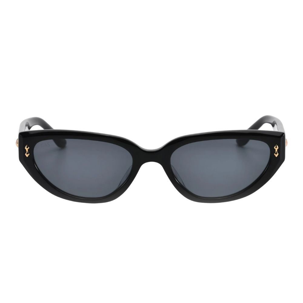 FOR ART'S SAKE LUSH BLACK cat-eye sunglasses with geometric facets and metal studs - front view on white background

