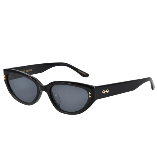 FOR ART'S SAKE LUSH BLACK slim cat-eye sunglasses - side view showing thorn-inspired metal stud detail on temple
