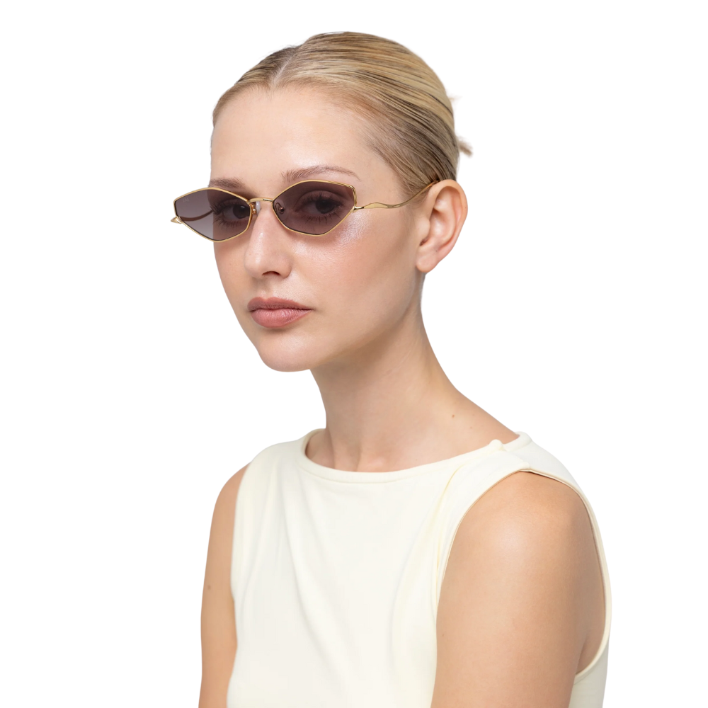 FOR ART'S SAKE MOMENT CHAMPAGNE designer sunglasses - angled view highlighting minimalist geometric silhouette and champagne gold finish
