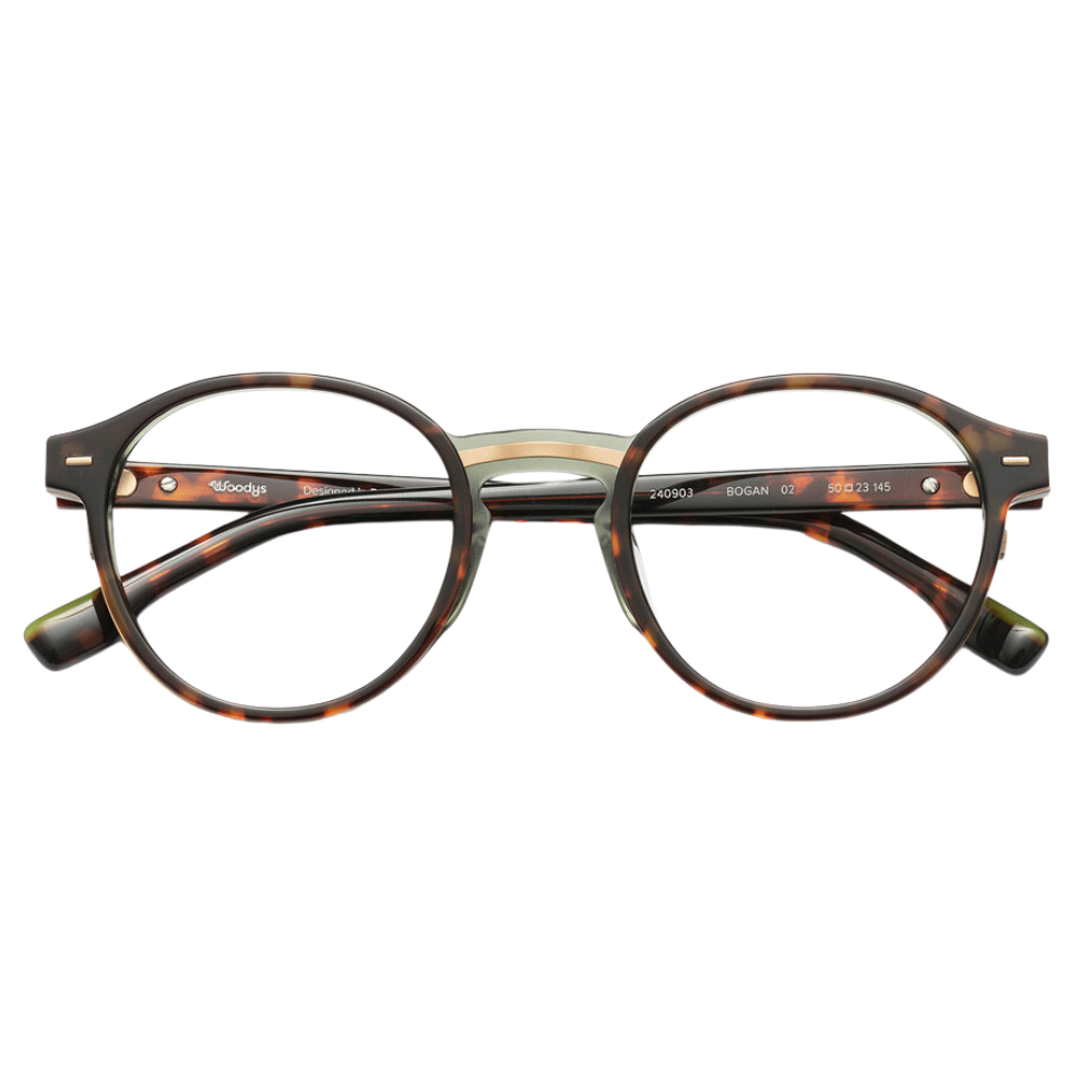 WOODYS Bogan 02 eyeglasses front view - round combined frames with bold color combination Italian acetate and nickel-free metal
