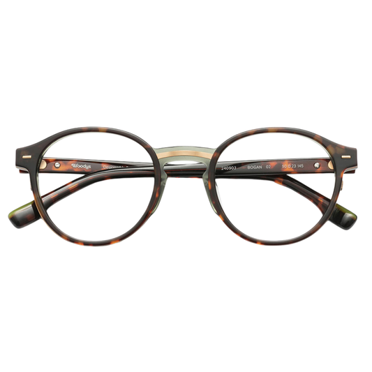 WOODYS Bogan 02 eyeglasses front view - round combined frames with bold color combination Italian acetate and nickel-free metal
