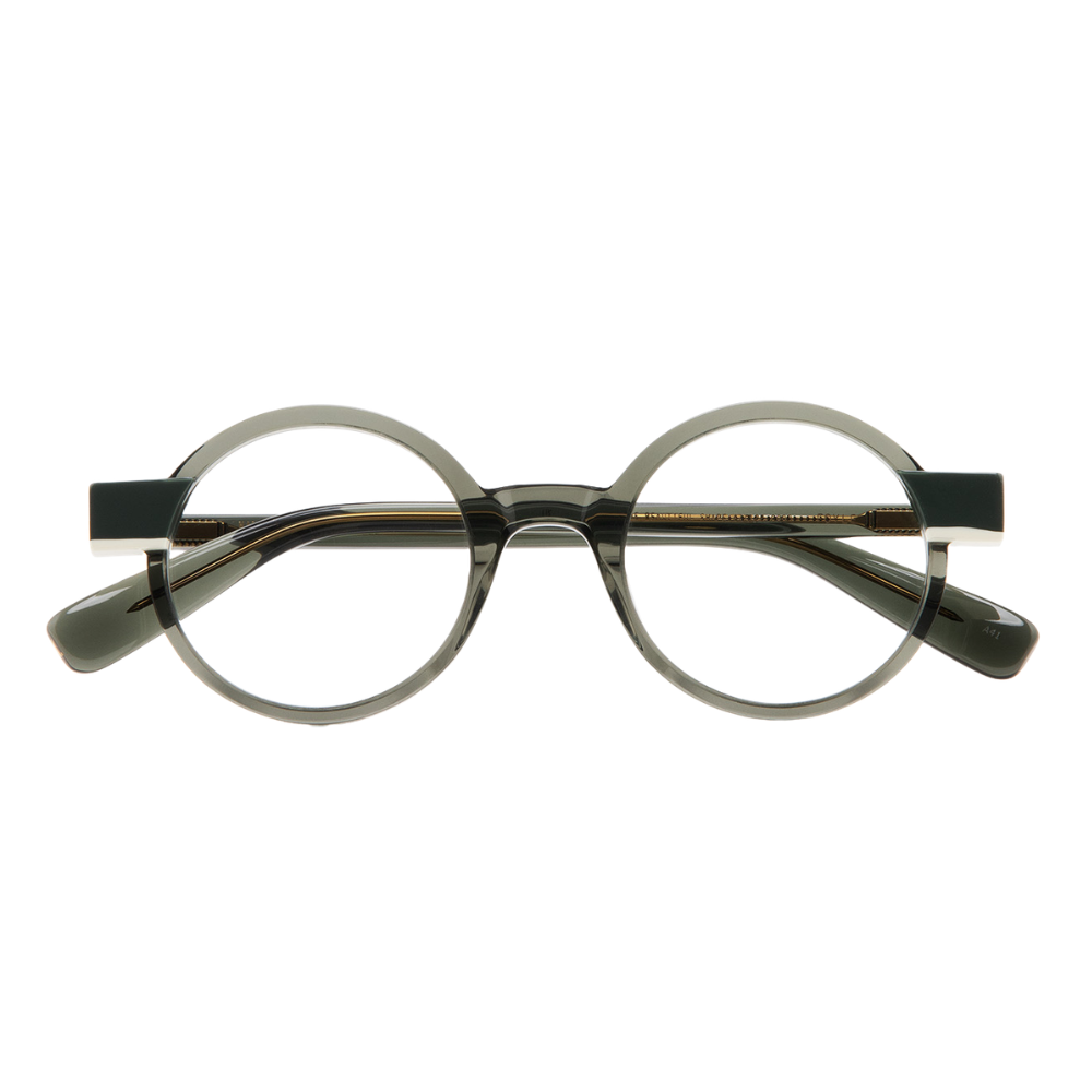 KALEOS Foyle eyeglasses front view - handmade round frames with double laminated acetate in dark green and white
