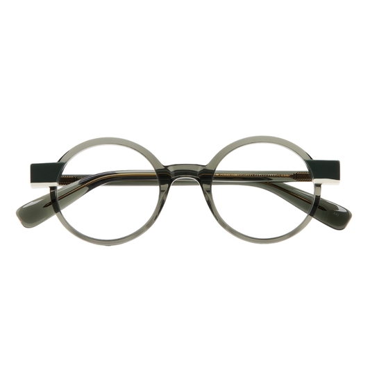 KALEOS Foyle eyeglasses front view - handmade round frames with double laminated acetate in dark green and white
