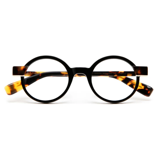 KALEOS Foyle Black Brown Tortoise eyeglasses front view - handmade round acetate frames in classic tortoiseshell pattern
