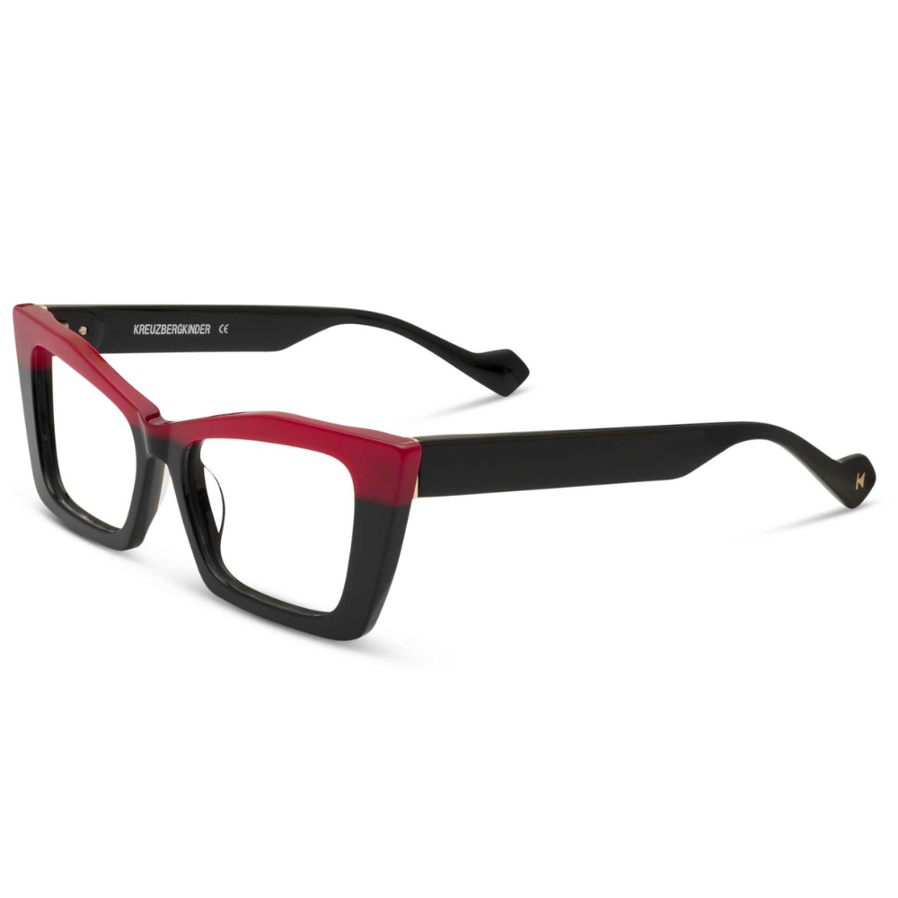 KREUZBERGKINDER Dirty Martyny prescription glasses - side view showing red black acetate design
