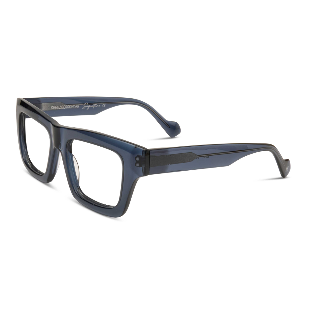 KREUZBERGKINDER Dirk prescription glasses - side view showing square crystal blue grey design
