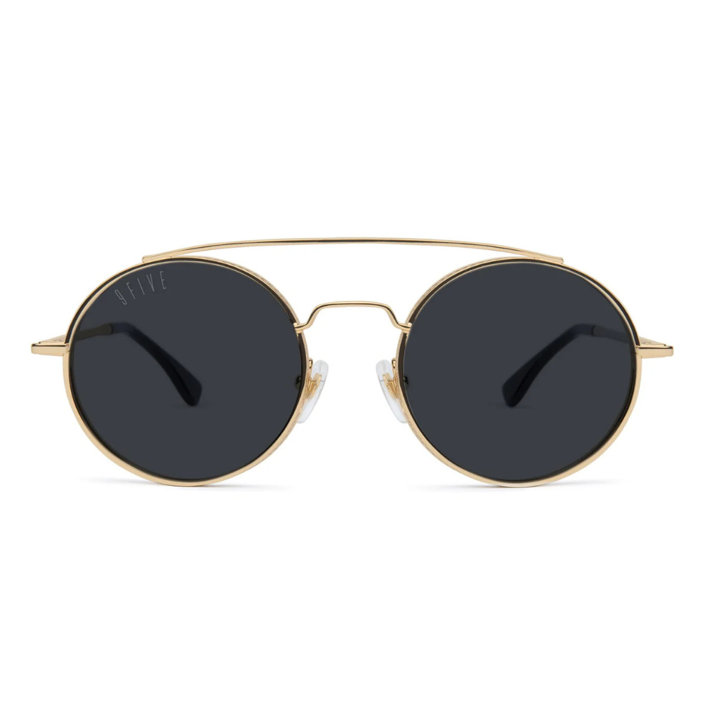 9FIVE 50-50 Gold Round Sunglasses - handmade gold stainless steel frame black polarized lenses

