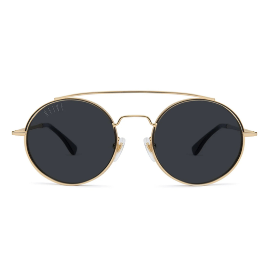 9FIVE 50-50 Gold Round Sunglasses - handmade gold stainless steel frame black polarized lenses
