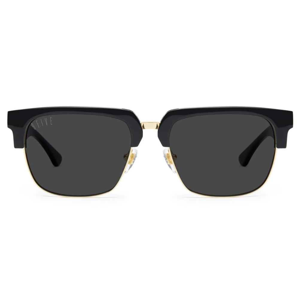 9FIVE Belmont Black & Gold sunglasses – front view, handmade acetate frame with gold-plated stainless steel trim
