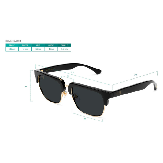 9FIVE Belmont sunglasses side view – gold metal logo on temple, glossy black acetate frame
