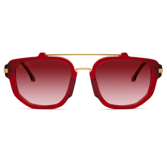 9FIVE Lawrence Red Ruby & Gold limited edition sunglasses – front view, handmade acetate frame with gold-plated accents
