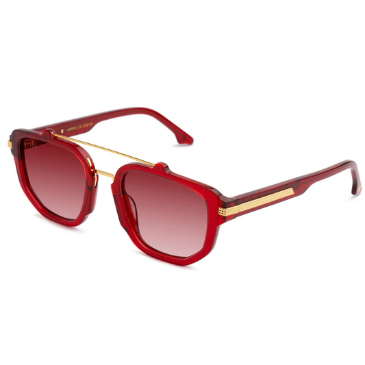 9FIVE Lawrence side view – gold monogram logo embedded on maroon temple tip, stainless steel accents
