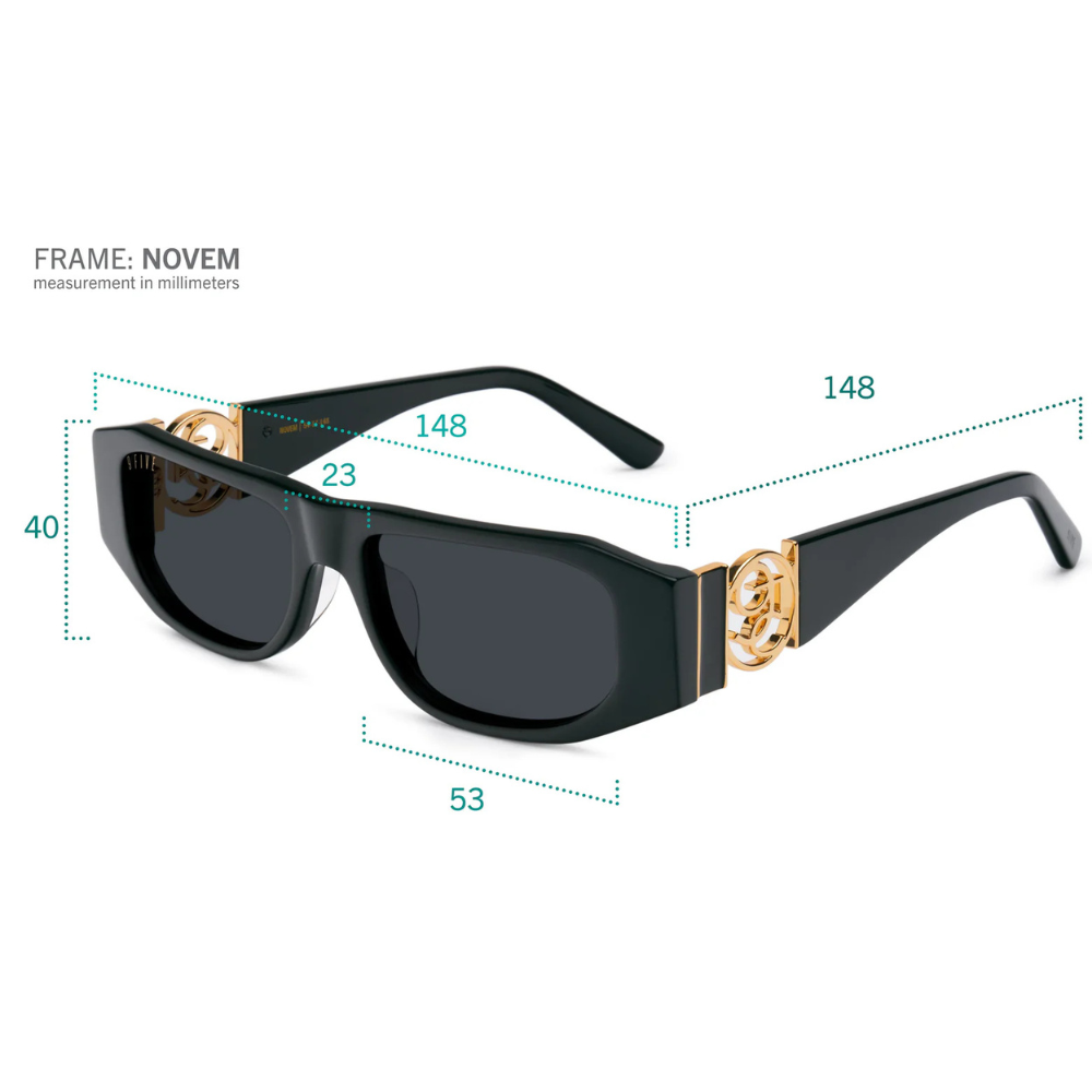 9FIVE Novem side view – gold 9FIVE logo on outer temple, handmade acetate and stainless steel frame
