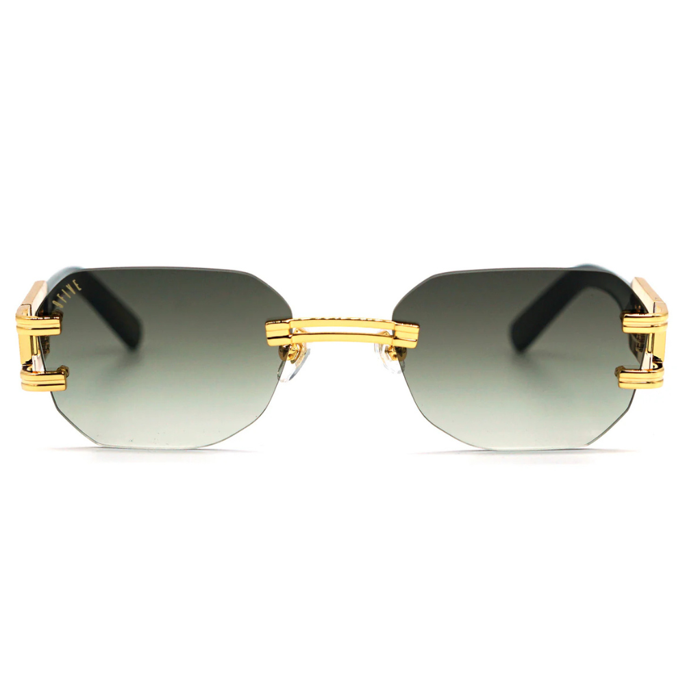 9FIVE Royals Lite Black & Gold gradient sunglasses – front view, rimless frame with gold-plated stainless steel bridge

