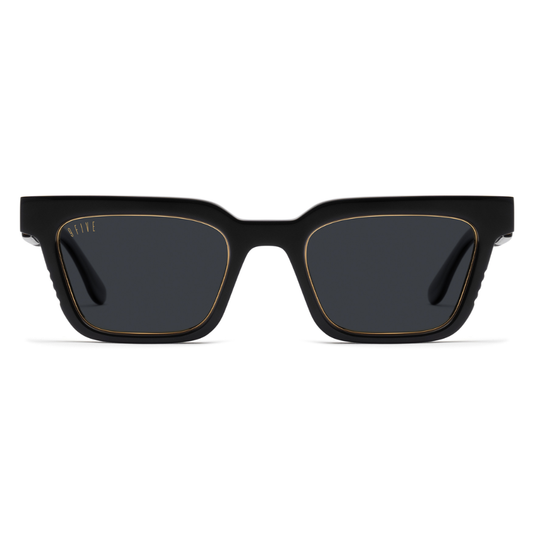 9FIVE EM4 Black & Gold sunglasses – front view, glossy black acetate frame with gold-plated stainless steel accents
