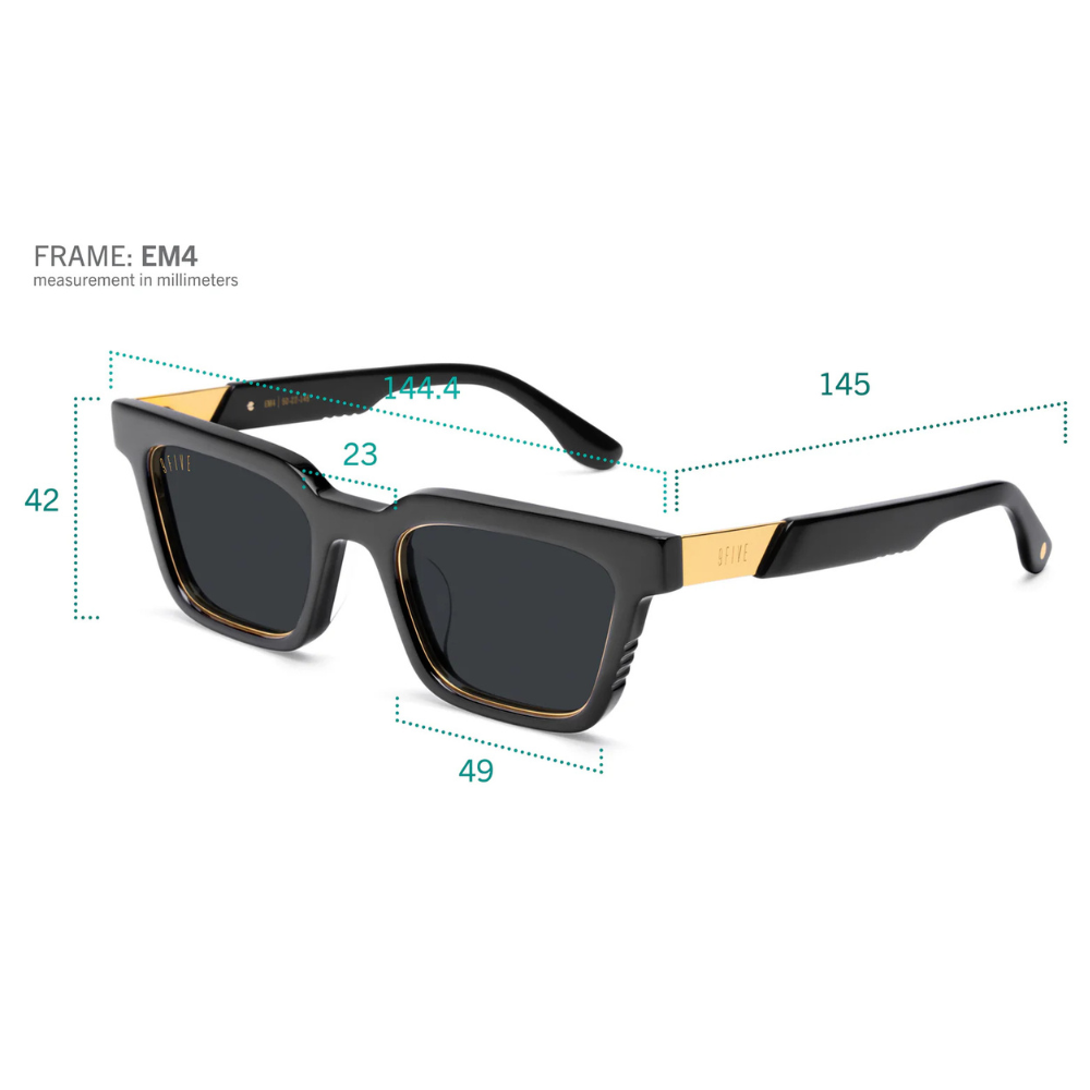 9FIVE EM4 side view – gold 9FIVE signature logo on black acetate temple, premium stainless steel construction
