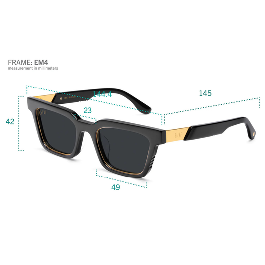 9FIVE EM4 side view – gold 9FIVE signature logo on black acetate temple, premium stainless steel construction
